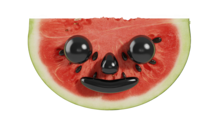 3d rendering of a smiling face created using a slice of watermelon with black glossy eyes, nose, and mouth, set against a transparent background