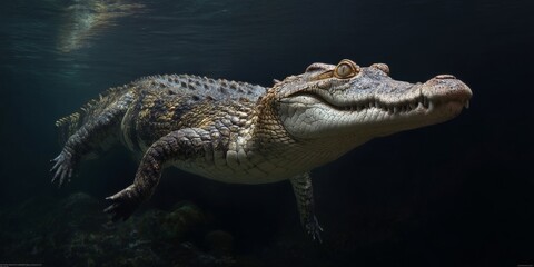 Underwater photograph of an American alligator with its mouth open.