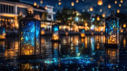 Night lanterns float on water, reflecting city lights