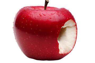 Close-up of a red apple with a bite mark on a transparent background