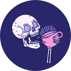 iconic tattoo style image of a skull drinking coffee
