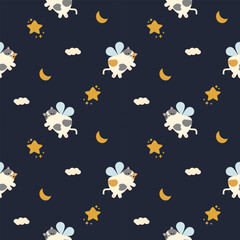 Cat fly in the sky night cartoon so cute. On moon star moon background. Pattern seamless vector illustration. 
