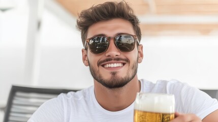 Smiling Man with Beer: A Portrait of Joy, Refreshment, and Summer Fun in a Glass, Enjoying Leisure, Relaxation, and Celebratory Moments