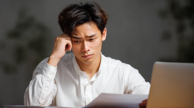 A young Asian businessman with intense focus, working late into the night at a desk. He is deeply engrossed in reading papers and analyzing them.