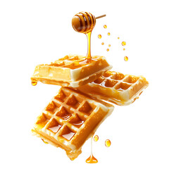 Delicious waffles with honey drizzle isolated on transparent background