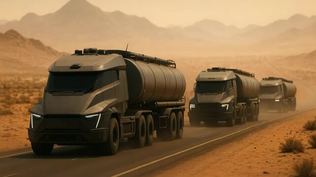 Futuristic tanker trucks drive in convoy through desert highway, modern design, transporting fuel or liquids across arid landscape under dramatic sunlight.
