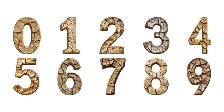 Cracked Earth Texture Numbers Set. Environmental Awareness And Climate Change Collection Isolated On Transparent Background