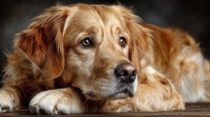 Obraz premium Golden-haired dog with expressive eyes lounging on a wooden surface, showcasing a warm, textured coat with varying shades of light and dark tones. Floppy ears frame the serene and pensive canine, set 