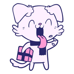 cartoon panting dog with present