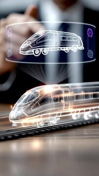 Vertical hyperloop train hologram prototype animation showing hyperloop train concept in motion with futuristic hyperloop train blueprint overlay