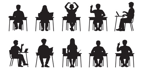 student in classroom silhouettes Students Sitting at Desks Classroom Silhouettes, Students Sitting at Desks in Various Poses, 