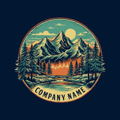Mountain forest and river logo design vintage