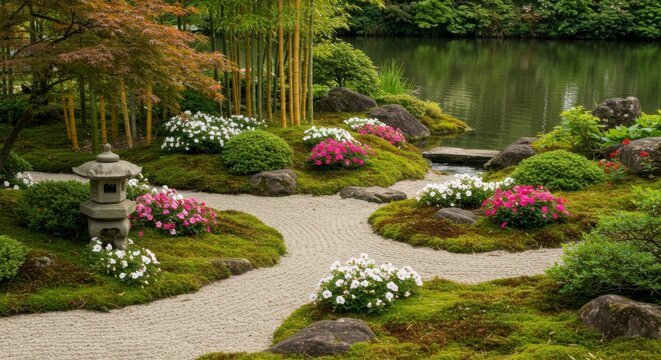 Serene Japanese garden with winding paths, moss, flowering plants, rocks, a pond, and bamboo