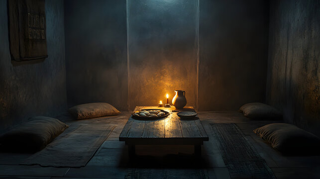 An ancient Jewish dining room lit by a soft oil lamp, with cushions, flat bread and a clay jug on a wooden table. The dark room conveys stillness and spiritual contemplation after the sacred meal.