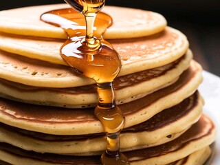 Dulce desayuno de panqueques y miel derramándose deliciosamente sobre ellos.