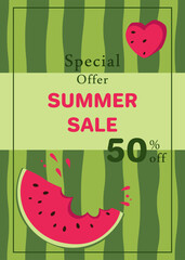 Flyer with triangular piece of watermelon on watermelon rind background. Template design for flyer, banner, poster, poster, advertisement for grocery store, marketplace, online store, website.