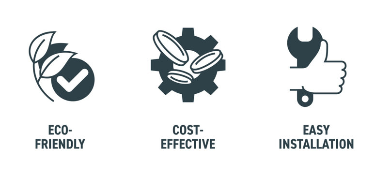 Icons set - Eco-friendly, Cost-effective, Easy installation. in monochrome style