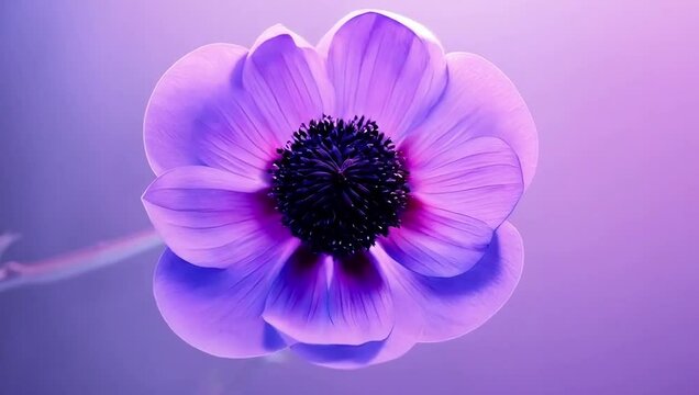Timelapse of an anemone flower unfolding in soft lavender tones with a centered dark core, artistic and graceful mood. Created with generated AI.