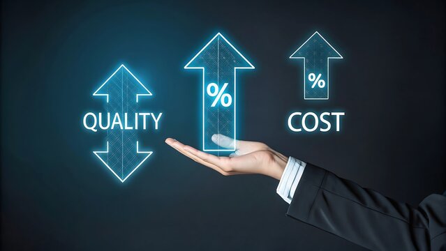 Business professional presenting conceptual diagram illustrating improvements in product quality and increasing cost-effectiveness within a company