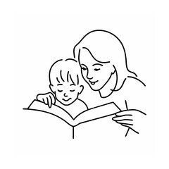 Mother and child reading book together line art illustration