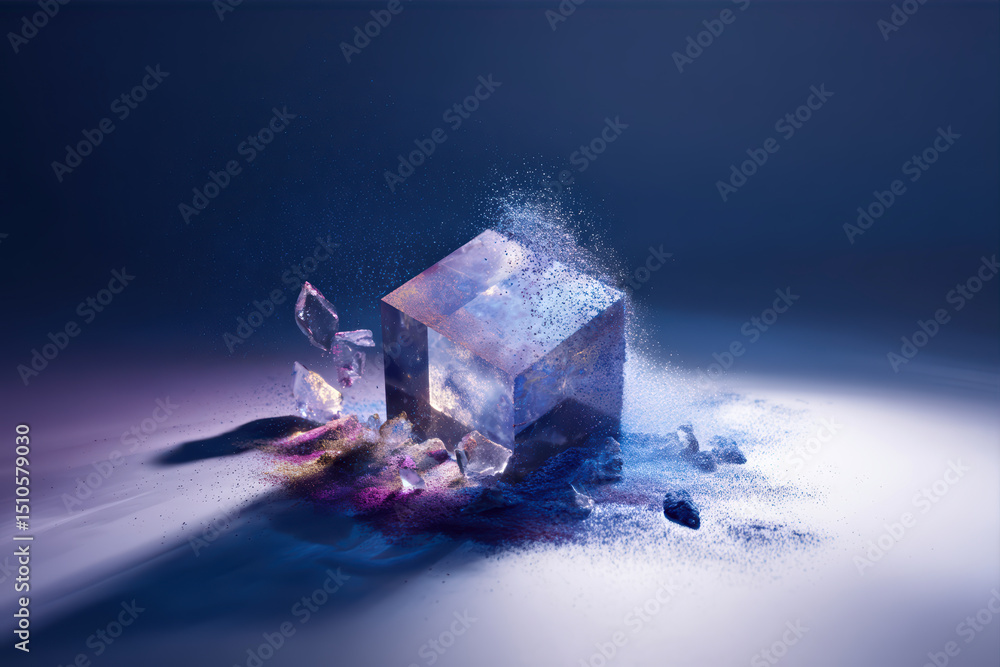 Poster glowing crystal cube disintegrating into fragments