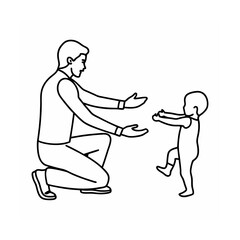 Father encourages baby's first steps line art illustration