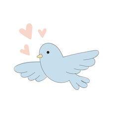 Blue Doodle Drawn Dove Bird Symbol Icon. Peace and Freedom Mascot Character. Cute Lovely Childish Outline Pet Silhouette. Baby Room Interior or Wedding Romantic Decoration