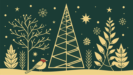 christmas card with birds and tree