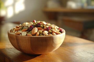 Wooden bowl of healthy trail mix with nuts and seeds