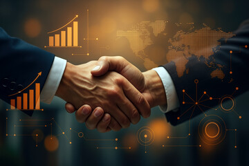 Two businessmen shaking hands with digital charts, graphs, and a world map overlay, symbolizing global partnership, success, and growth.