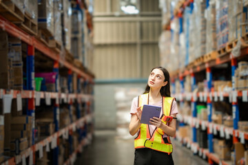 Young White female warehouse worker with safety vest holding tablet and barcode scanner. She is looking at stock while walking and checking between shelves. Inventory and logistics concept...