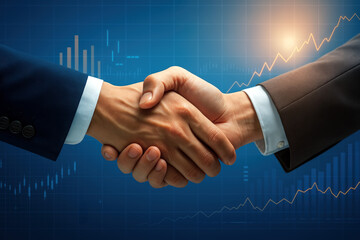 Close-up of two businessmen shaking hands in front of financial charts and rising stock market graphs, symbolizing success, partnership, and economic growth.