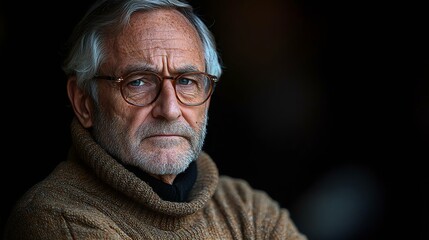 Obraz premium Serious elderly man with glasses wearing a cozy sweater, expressing deep thought in a moody, shadowy background.