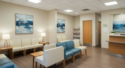 Fototapeta premium Serene waiting area with light wood floors, comfortable seating, and calming artwork
