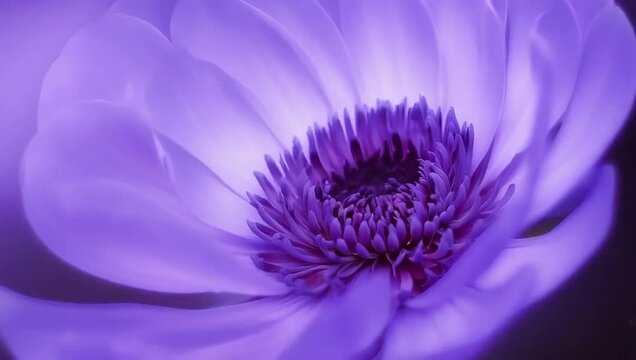 Timelapse of an anemone flower unfolding in soft lavender tones with a centered dark core, artistic and graceful mood. Created with generated AI.