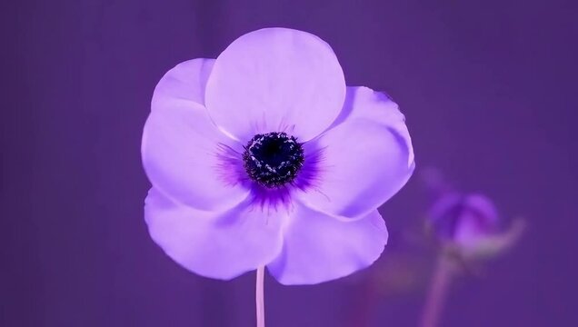 Timelapse of an anemone flower unfolding in soft lavender tones with a centered dark core, artistic and graceful mood. Created with generated AI.