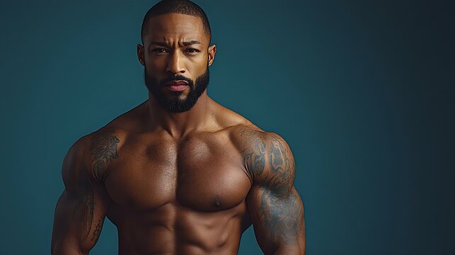 Portrait of a muscular man with a beard and tattoos, showcasing strength and confidence against a blue background.