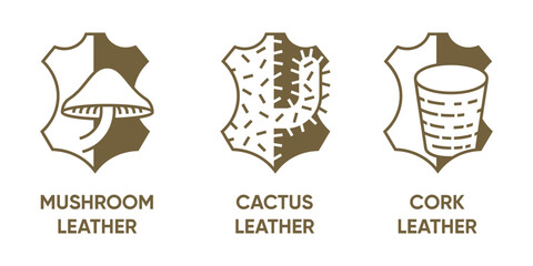 Plant based leather icons set - Cork, Mushrooms and Cactus leather, in monochrome style