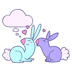 cartoon rabbits in love with thought bubble