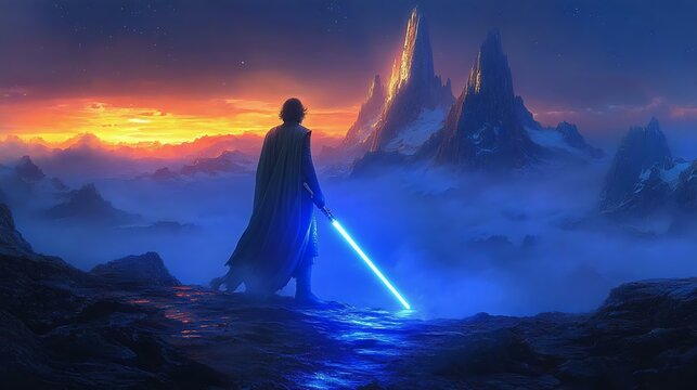 A lone figure with a blue lightsaber stands against a breathtaking mountain landscape during sunset, creating a mystical atmosphere.