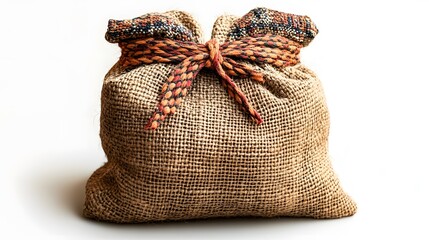 Rustic Tied Burlap Bag with Bold Red Stylized Pattern for Modern Digital Art and Texture Isolation