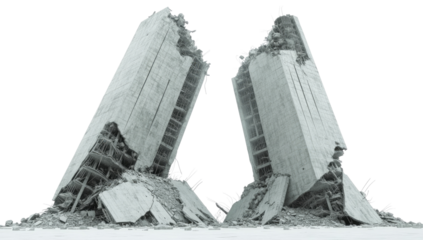 Two crumbling, tall structures,  leaning into a pile of debris isolated on transparent background