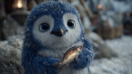 Adorable Penguin Chick Holding a Fish