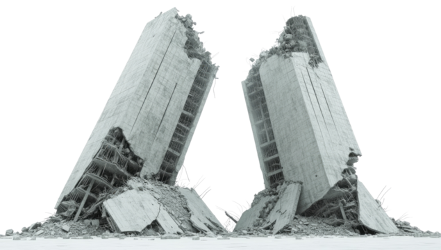Two crumbling, tall structures,  leaning into a pile of debris isolated on transparent background