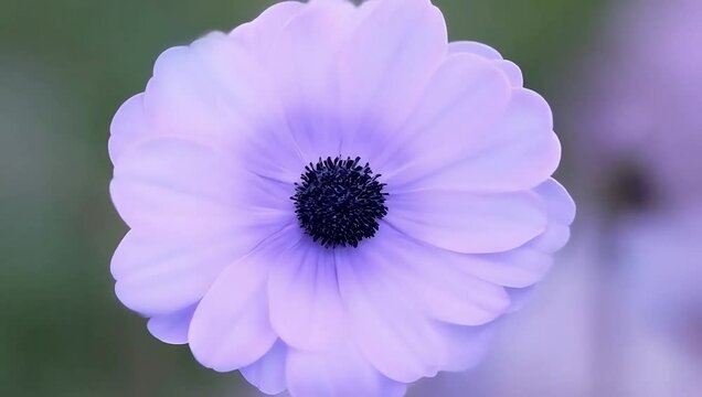 Timelapse of an anemone flower unfolding in soft lavender tones with a centered dark core, artistic and graceful mood. Created with generated AI.