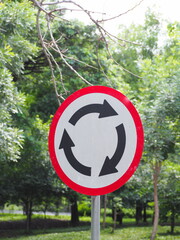 Roundabout sign in park parking lot. A circular sign with three black arrows that rotate clockwise. The sign has white background and red border. Traffic sign Installed on steel pole next large tree
