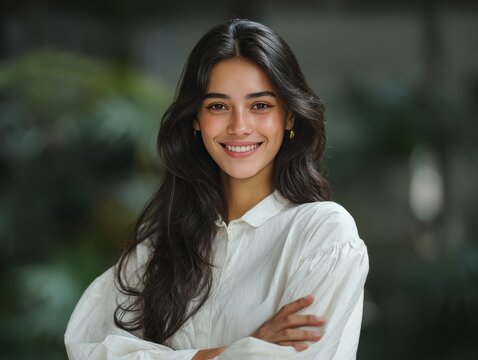 A beautiful young woman with long hair smiling at the camera. - Powered by Adobe
