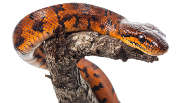 Colorful python resting on a textured wooden branch