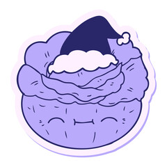 hand drawn sticker cartoon of a cabbage wearing santa hat