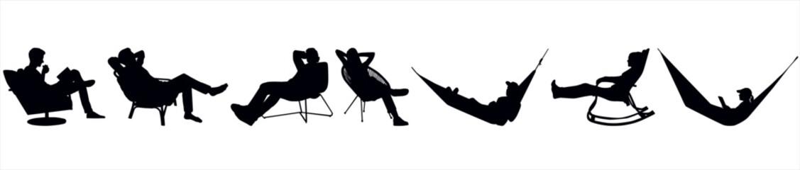 Fototapeta premium silhouette of people relaxing and resting on chair, hammock, reading and sleeping. People relaxing time.